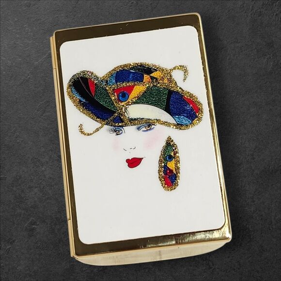 Vintage 1980s Vanity Set Art Deco Woman Compact & Lipstick Case NOS Glam Gold - Picture 6 of 16